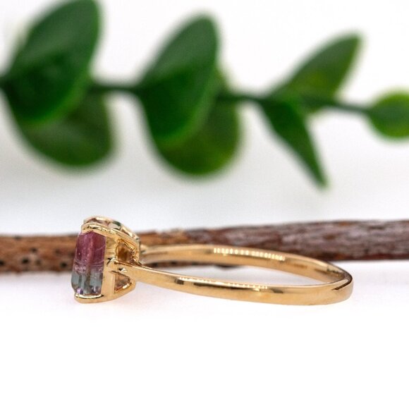 1ct Bi-Color Tourmaline Ring in 14K Solid Gold with Natural Diamond Accents - Picture 6 of 8